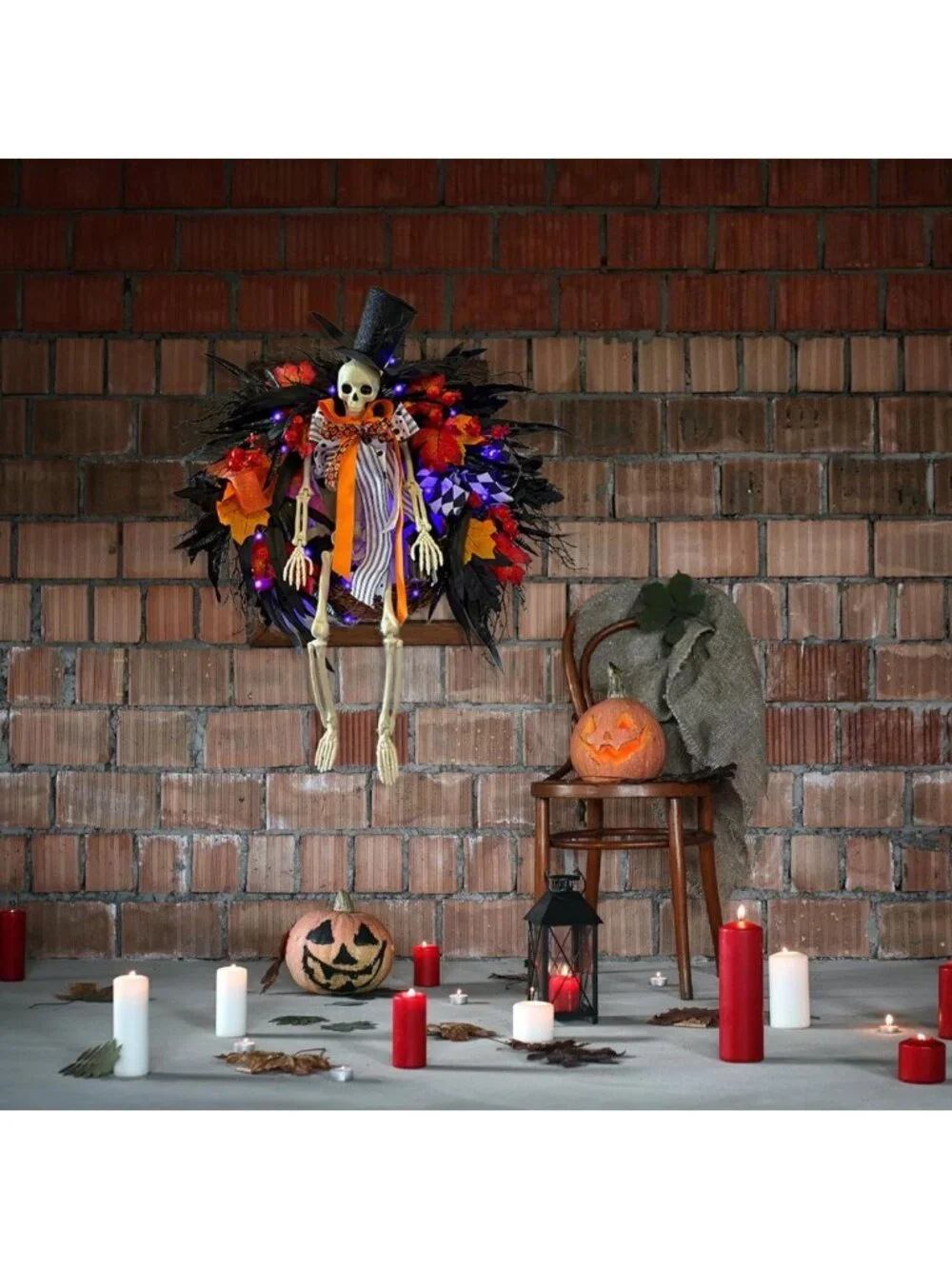 28-Inch Lighted Halloween Skeleton Wreath | Gothic Dark Aesthetic Door Decor